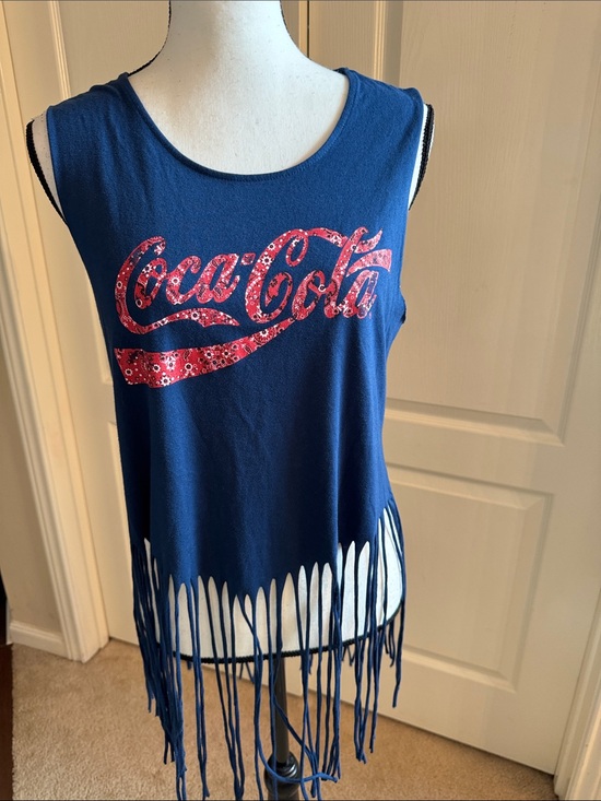 Coca Cola Tops - JUNIORS - Coca Cola Navy Tank Top with Red Logo and Fringe Hem - Size XL